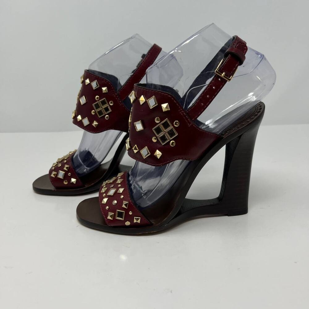 Tory Burch Women's Size 7 Kingsbridge Studded Open Toe Wedge Maroon Sandals - Picture 1 of 15
